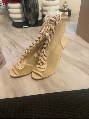 Womens Beige Lace-Up Peep Toe Wedge Heels